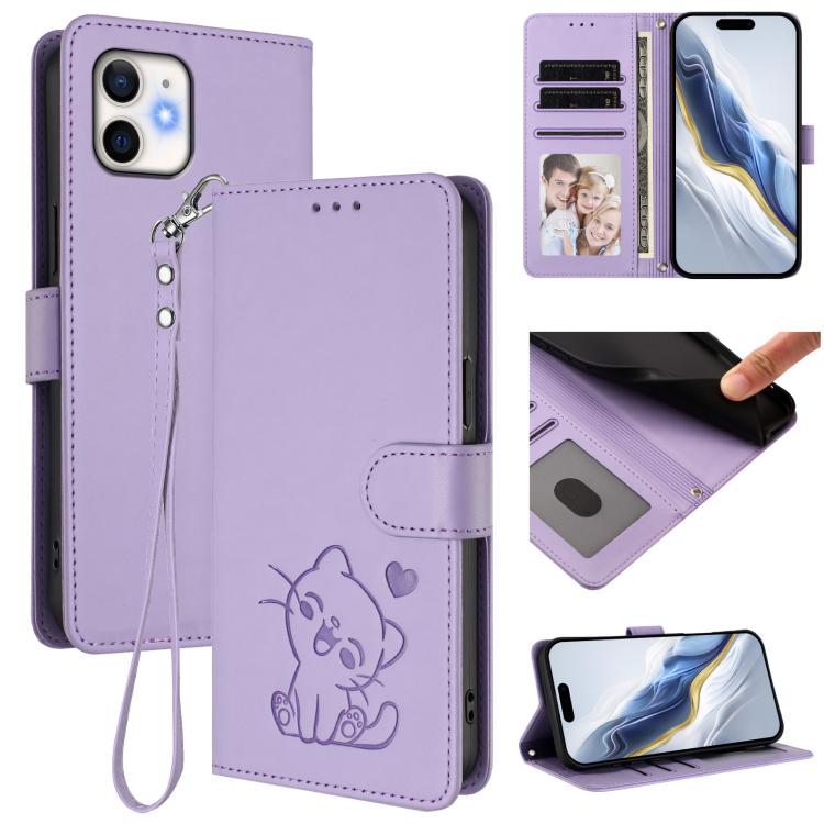 エンボス加工ハートキャット レザー携帯ケース 手首ストラップ付き、iPhone 11 Pro Max用、iPhone 11用、iPhone 11 Pro用、iPhone X / XS用