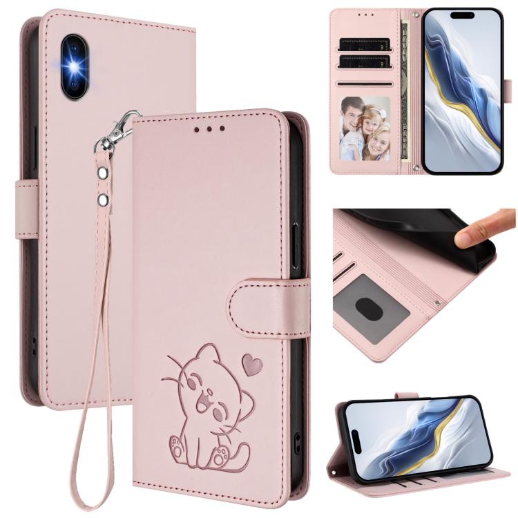 エンボス加工ハートキャット レザー携帯ケース 手首ストラップ付き、iPhone 11 Pro Max用、iPhone 11用、iPhone 11 Pro用、iPhone X / XS用