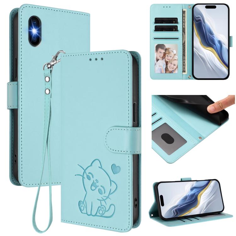 エンボス加工ハートキャット レザー携帯ケース 手首ストラップ付き、iPhone 11 Pro Max用、iPhone 11用、iPhone 11 Pro用、iPhone X / XS用