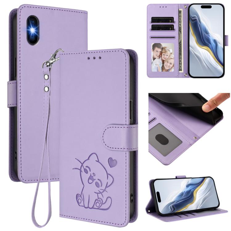 エンボス加工ハートキャット レザー携帯ケース 手首ストラップ付き、iPhone 11 Pro Max用、iPhone 11用、iPhone 11 Pro用、iPhone X / XS用