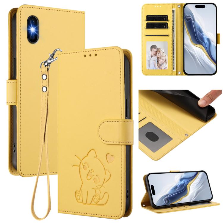 エンボス加工ハートキャット レザー携帯ケース 手首ストラップ付き、iPhone 11 Pro Max用、iPhone 11用、iPhone 11 Pro用、iPhone X / XS用