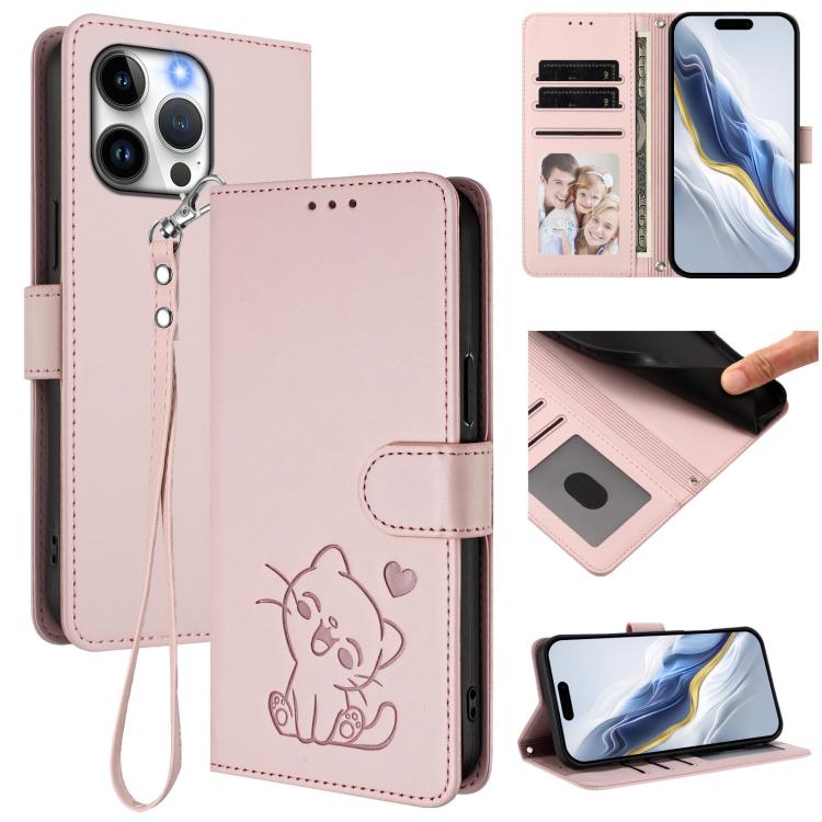 エンボス加工ハート猫レザー手ストラップ付きスマホケース、iPhone 15用、iPhone 14 Plus用、iPhone 14 / 13用、iPhone 14 Pro用