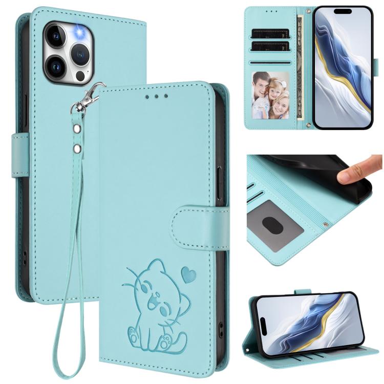 エンボス加工ハート猫レザー手ストラップ付きスマホケース、iPhone 13 mini用、iPhone 12 / 12 Pro用、iPhone 12 Pro Max用、iPhone 12 mini用