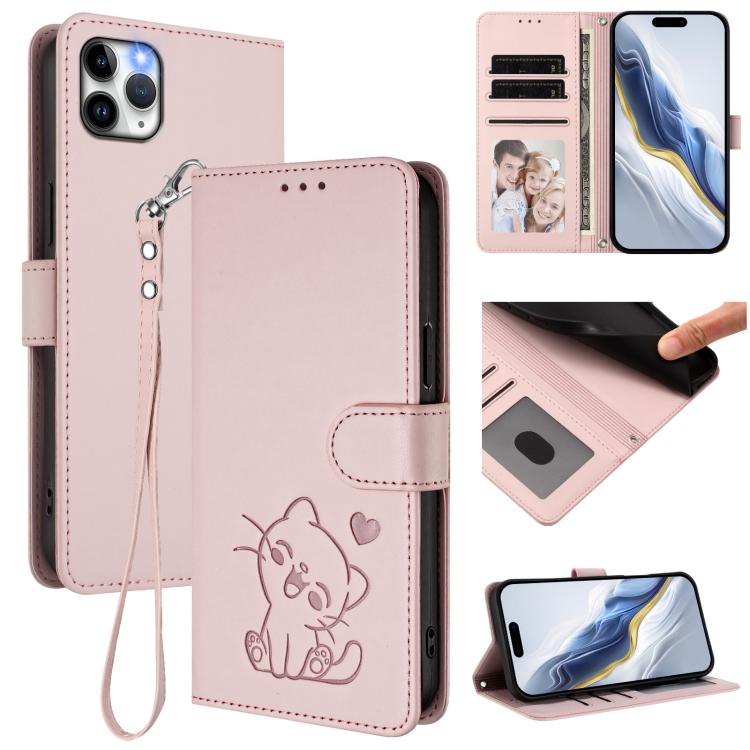 エンボス加工ハートキャット レザー携帯ケース 手首ストラップ付き、iPhone 11 Pro Max用、iPhone 11用、iPhone 11 Pro用、iPhone X / XS用