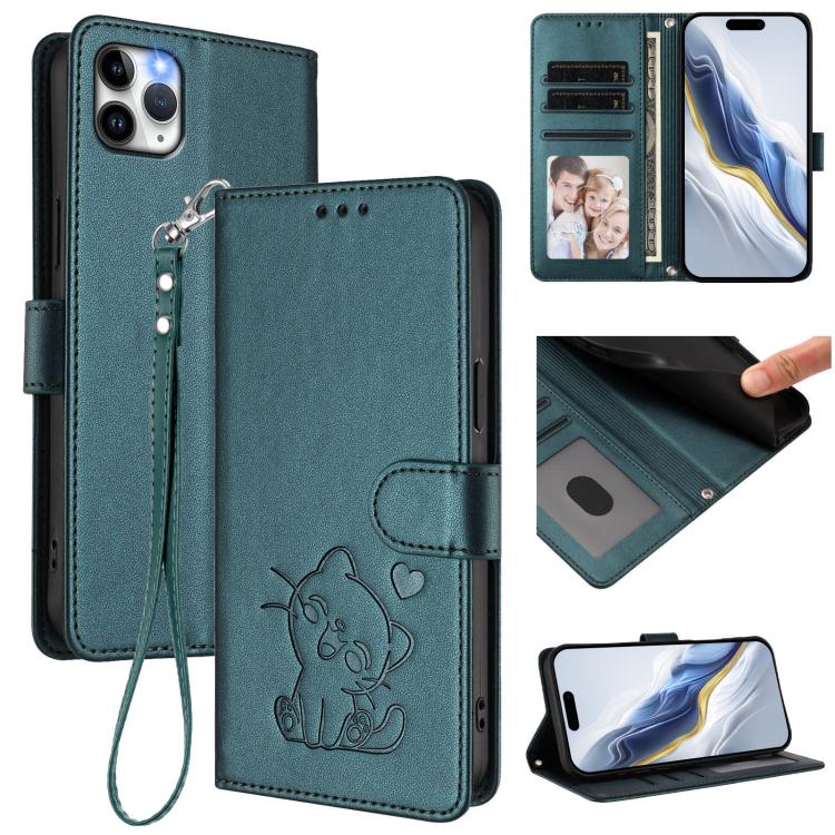 エンボス加工ハートキャット レザー携帯ケース 手首ストラップ付き、iPhone 11 Pro Max用、iPhone 11用、iPhone 11 Pro用、iPhone X / XS用