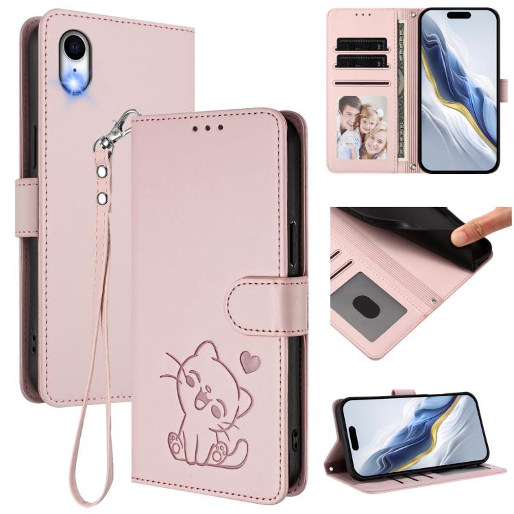 エンボス加工ハートキャット レザー携帯ケース 手首ストラップ付き、iPhone XR用、iPhone XS Max用、iPhone 7 Plus / 8 Plus用