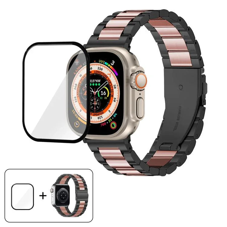 3Dカーブフィルム付きスリービーズステンレススチール時計バンド、Apple Watch Ultra 2 / 1 49mm用、Apple Watch Series 45mm用、Apple Watch Series 41mm用、Apple Watch Series 38mm用