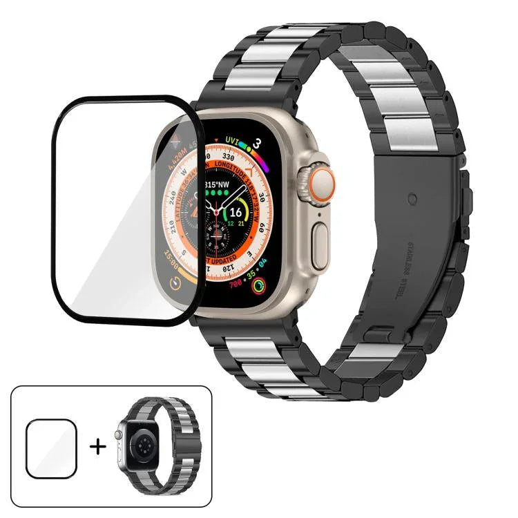 3Dカーブフィルム付きスリービーズステンレススチール時計バンド、Apple Watch Ultra 2 / 1 49mm用、Apple Watch Series 45mm用、Apple Watch Series 41mm用、Apple Watch Series 38mm用