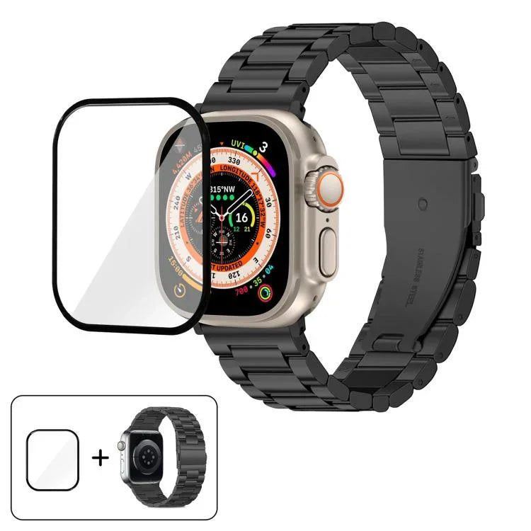 3Dカーブフィルム付きスリービーズステンレススチール時計バンド、Apple Watch Ultra 2 / 1 49mm用、Apple Watch Series 45mm用、Apple Watch Series 41mm用、Apple Watch Series 38mm用