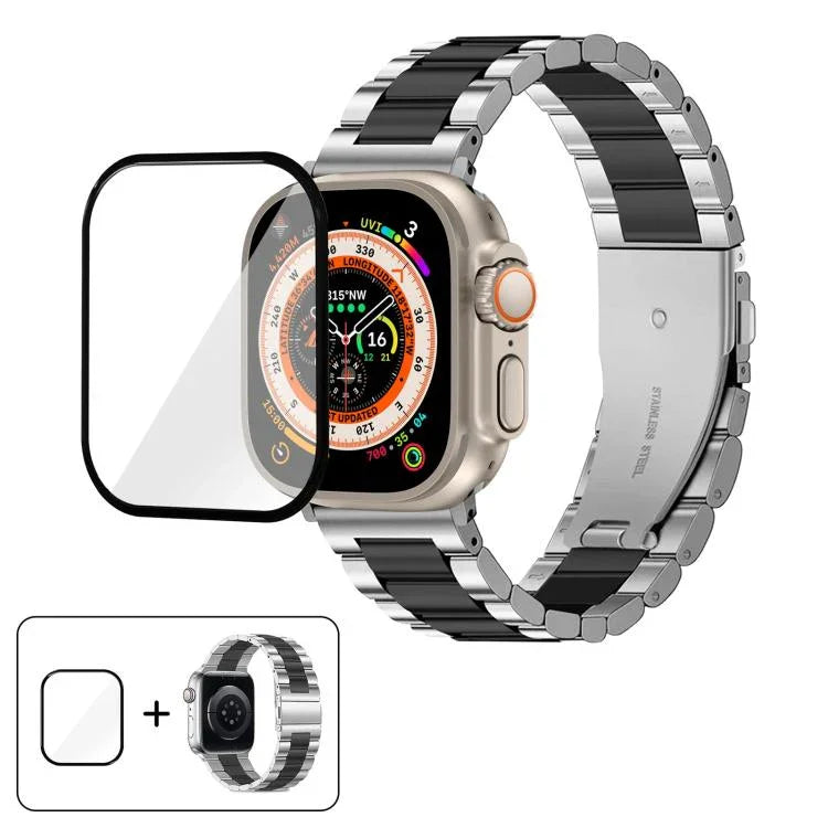3Dカーブフィルム付きスリービーズステンレススチール時計バンド、Apple Watch Ultra 2 / 1 49mm用、Apple Watch Series 45mm用、Apple Watch Series 41mm用、Apple Watch Series 38mm用