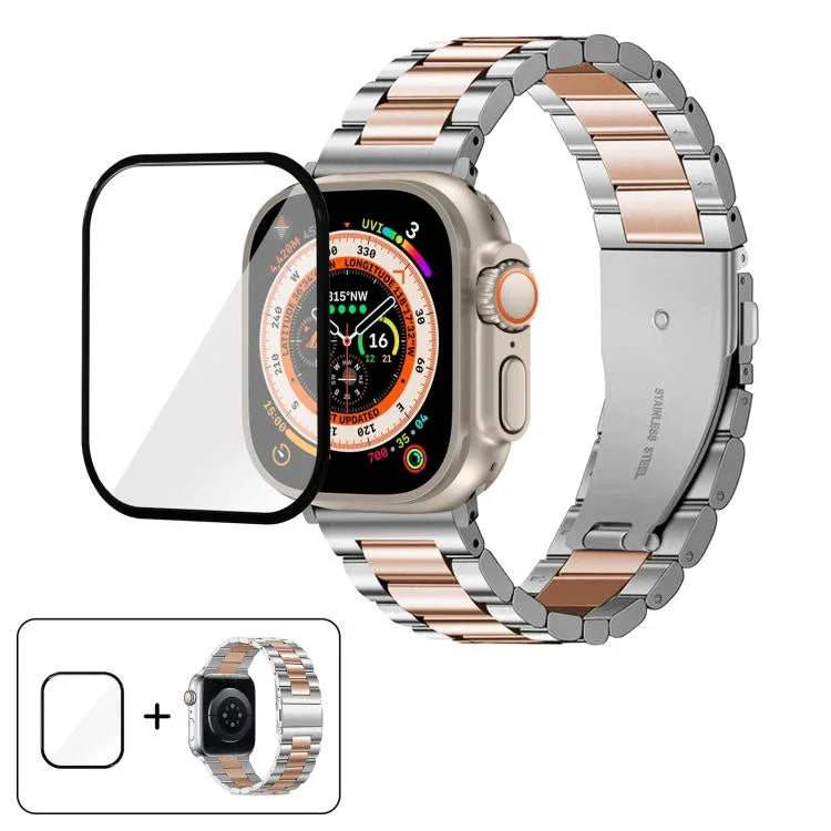 3Dカーブフィルム付きスリービーズステンレススチール時計バンド、Apple Watch Ultra 2 / 1 49mm用、Apple Watch Series 45mm用、Apple Watch Series 41mm用、Apple Watch Series 38mm用
