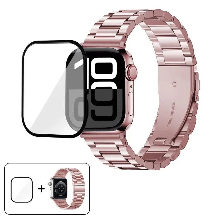 3Dカーブフィルム付きスリービーズステンレススチール時計バンド、Apple Watch Ultra 2 / 1 49mm用、Apple Watch Series 45mm用、Apple Watch Series 41mm用、Apple Watch Series 38mm用