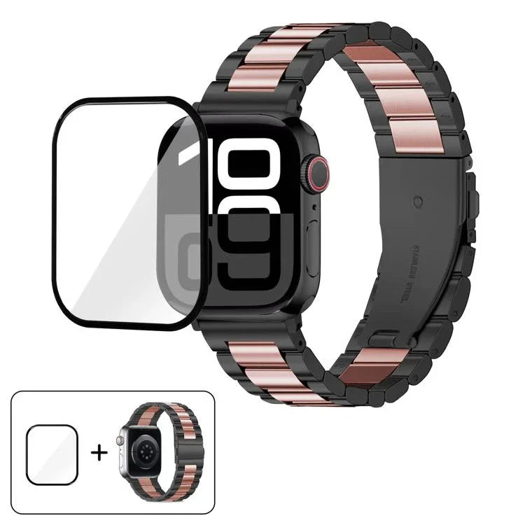 3Dカーブフィルム付きスリービーズステンレススチール時計バンド、Apple Watch Ultra 2 / 1 49mm用、Apple Watch Series 45mm用、Apple Watch Series 41mm用、Apple Watch Series 38mm用