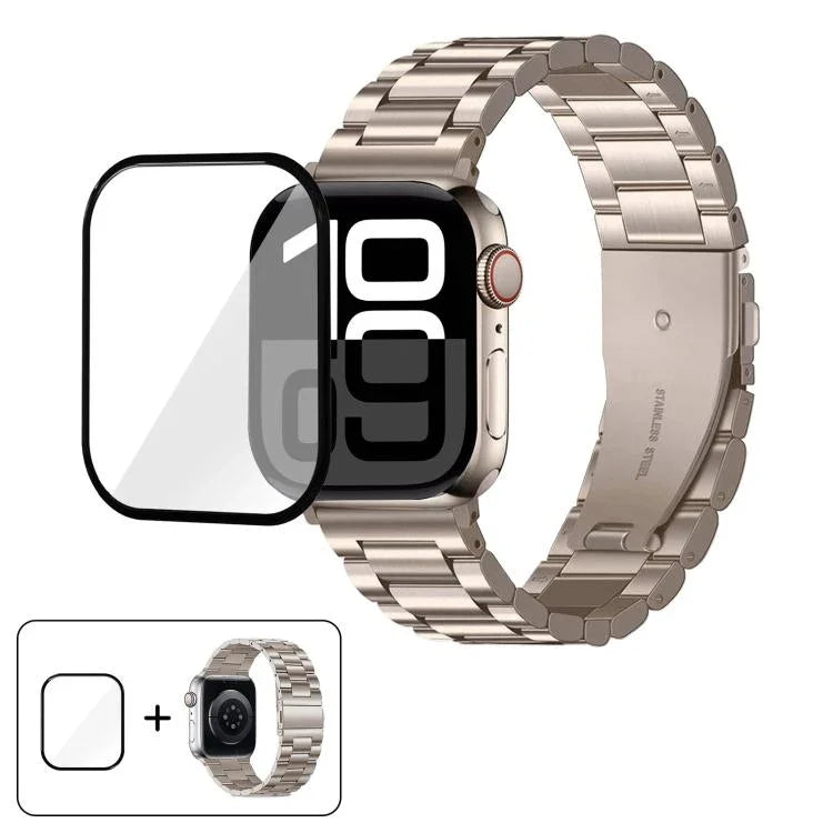 3Dカーブフィルム付きスリービーズステンレススチール時計バンド、Apple Watch Ultra 2 / 1 49mm用、Apple Watch Series 45mm用、Apple Watch Series 41mm用、Apple Watch Series 38mm用