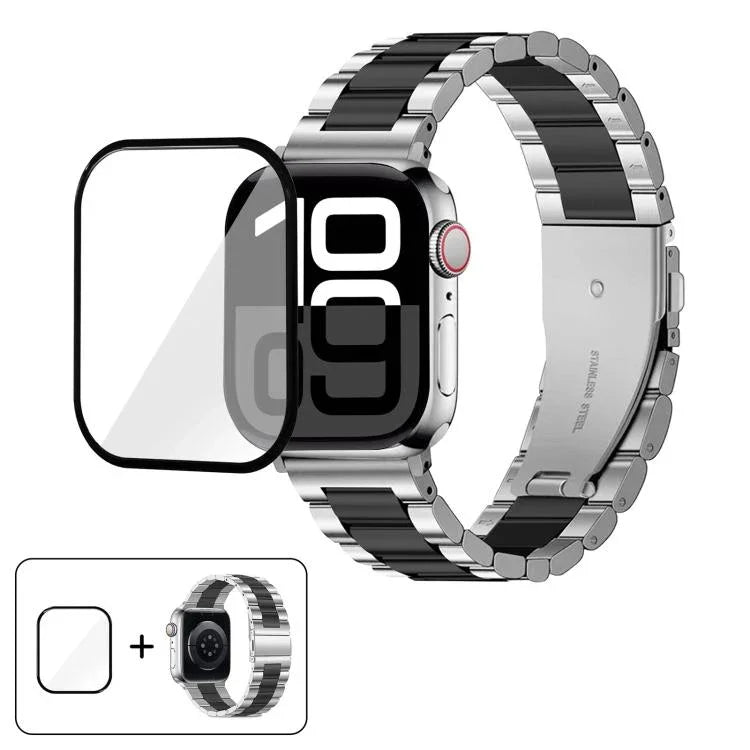 3Dカーブフィルム付きスリービーズステンレススチール時計バンド、Apple Watch Ultra 2 / 1 49mm用、Apple Watch Series 45mm用、Apple Watch Series 41mm用、Apple Watch Series 38mm用