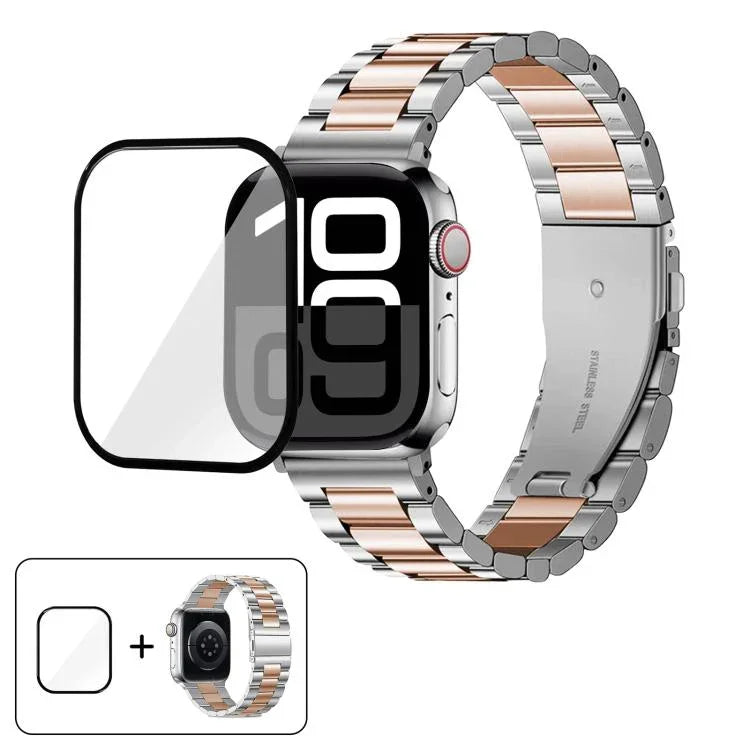 3Dカーブフィルム付きスリービーズステンレススチール時計バンド、Apple Watch Ultra 2 / 1 49mm用、Apple Watch Series 45mm用、Apple Watch Series 41mm用、Apple Watch Series 38mm用