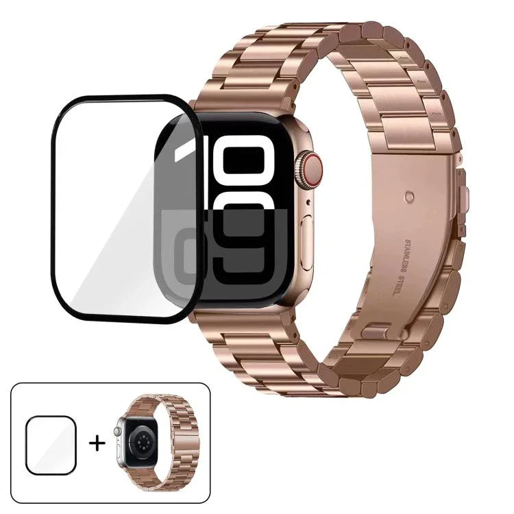 3Dカーブフィルム付きスリービーズステンレススチール時計バンド、Apple Watch Ultra 2 / 1 49mm用、Apple Watch Series 45mm用、Apple Watch Series 41mm用、Apple Watch Series 38mm用