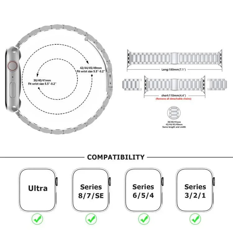 3Dカーブフィルム付きスリービーズステンレススチール時計バンド、Apple Watch Ultra 2 / 1 49mm用、Apple Watch Series 45mm用、Apple Watch Series 41mm用、Apple Watch Series 38mm用