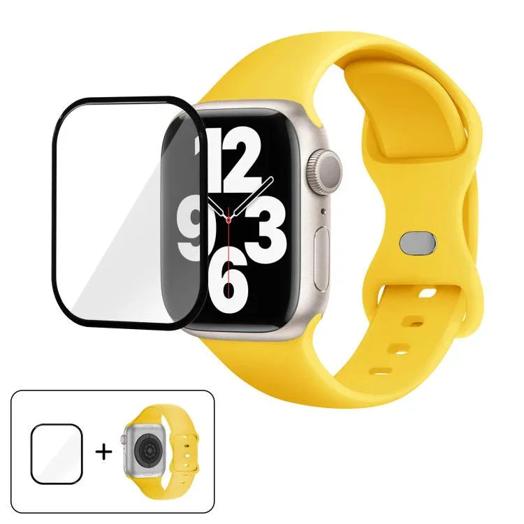 バタフライバックルシリコンウォッチバンド 3Dカーブフィルム付き、Apple Watch Series 10 46mm用、Apple Watch Series 10 42mm用、Apple Watch Series 44mm用