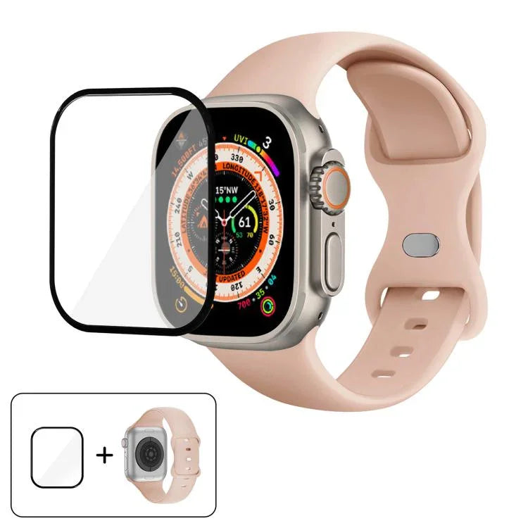バタフライバックルシリコンウォッチバンド 3Dカーブフィルム付き、Apple Watch Series 40mm用、Apple Watch Ultra 2 / 1 49mm用、Apple Watch Series 45mm用