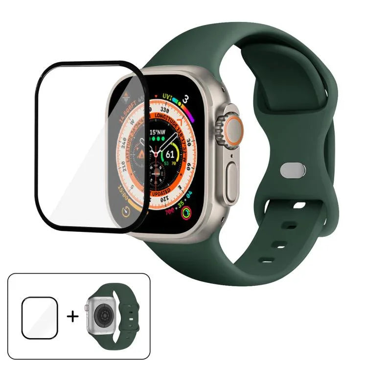 バタフライバックルシリコンウォッチバンド 3Dカーブフィルム付き、Apple Watch Series 40mm用、Apple Watch Ultra 2 / 1 49mm用、Apple Watch Series 45mm用