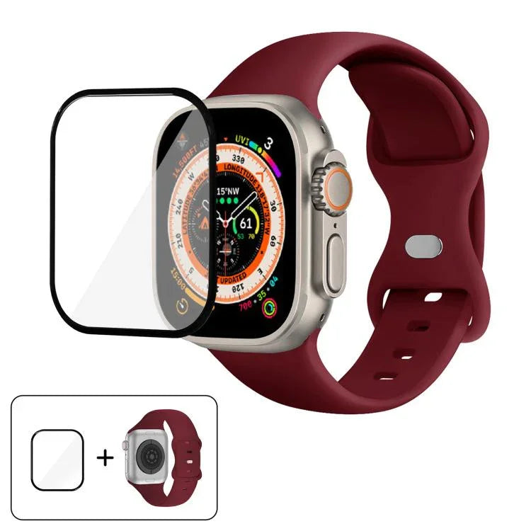 バタフライバックルシリコンウォッチバンド 3Dカーブフィルム付き、Apple Watch Series 40mm用、Apple Watch Ultra 2 / 1 49mm用、Apple Watch Series 45mm用