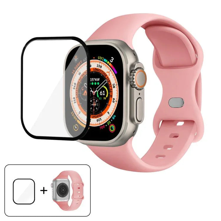 バタフライバックルシリコンウォッチバンド 3Dカーブフィルム付き、Apple Watch Series 40mm用、Apple Watch Ultra 2 / 1 49mm用、Apple Watch Series 45mm用