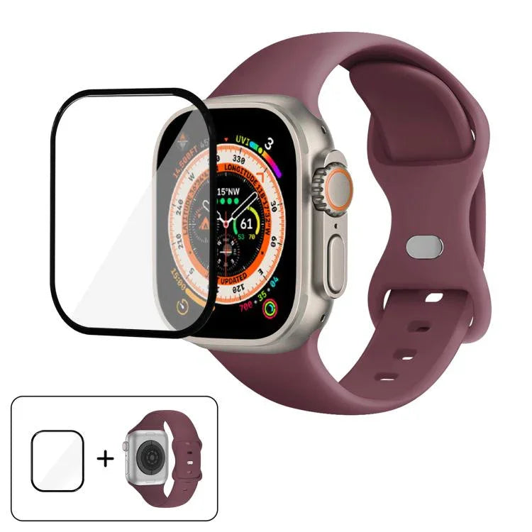 バタフライバックルシリコンウォッチバンド 3Dカーブフィルム付き、Apple Watch Series 40mm用、Apple Watch Ultra 2 / 1 49mm用、Apple Watch Series 45mm用