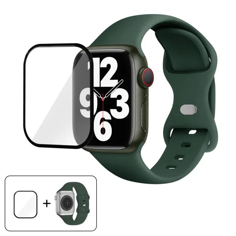 バタフライバックルシリコンウォッチバンド 3Dカーブフィルム付き、Apple Watch Series 41mm用、Apple Watch Series 38mm用、Apple Watch Series 42mm用