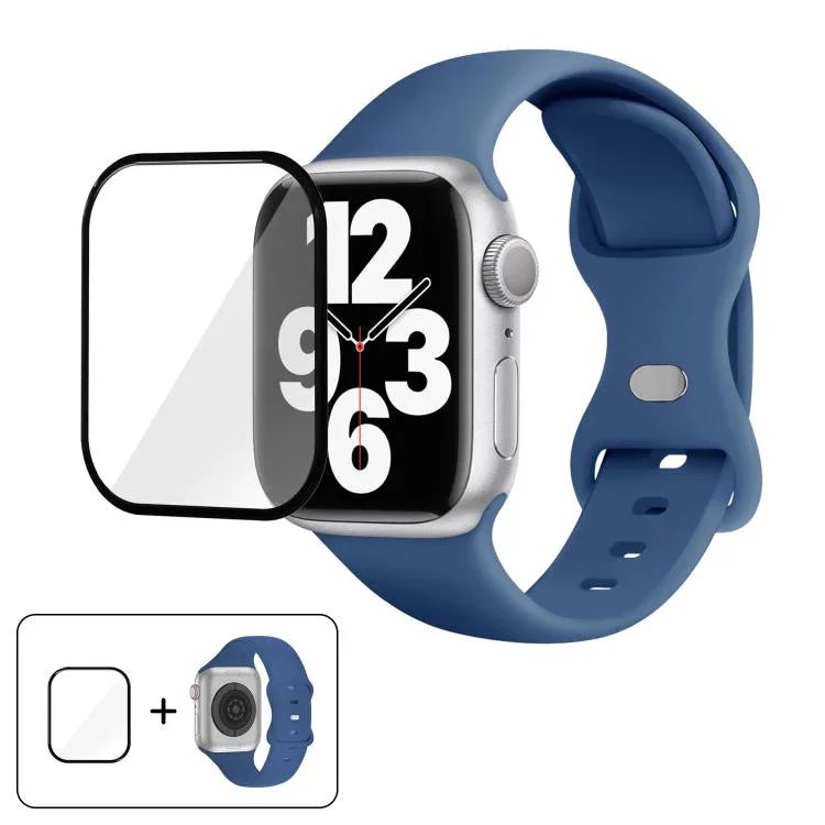 バタフライバックルシリコンウォッチバンド 3Dカーブフィルム付き、Apple Watch Series 41mm用、Apple Watch Series 38mm用、Apple Watch Series 42mm用
