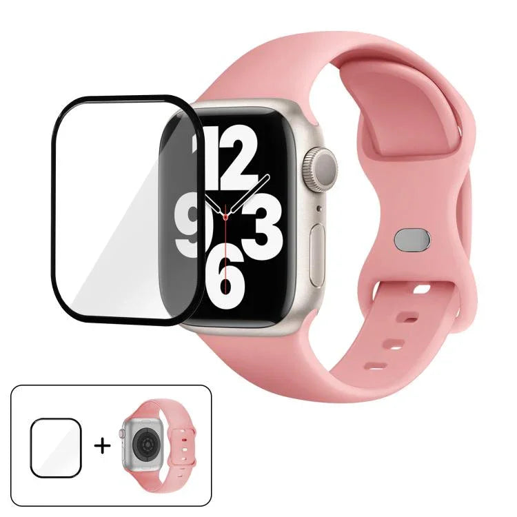 バタフライバックルシリコンウォッチバンド 3Dカーブフィルム付き、Apple Watch Series 41mm用、Apple Watch Series 38mm用、Apple Watch Series 42mm用