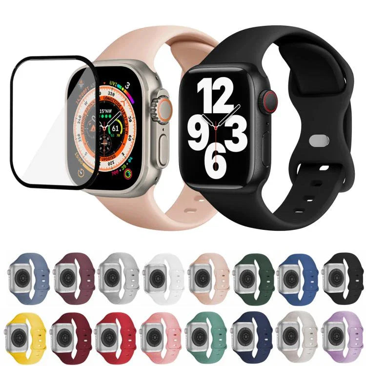 バタフライバックルシリコンウォッチバンド 3Dカーブフィルム付き、Apple Watch Series 41mm用、Apple Watch Series 38mm用、Apple Watch Series 42mm用