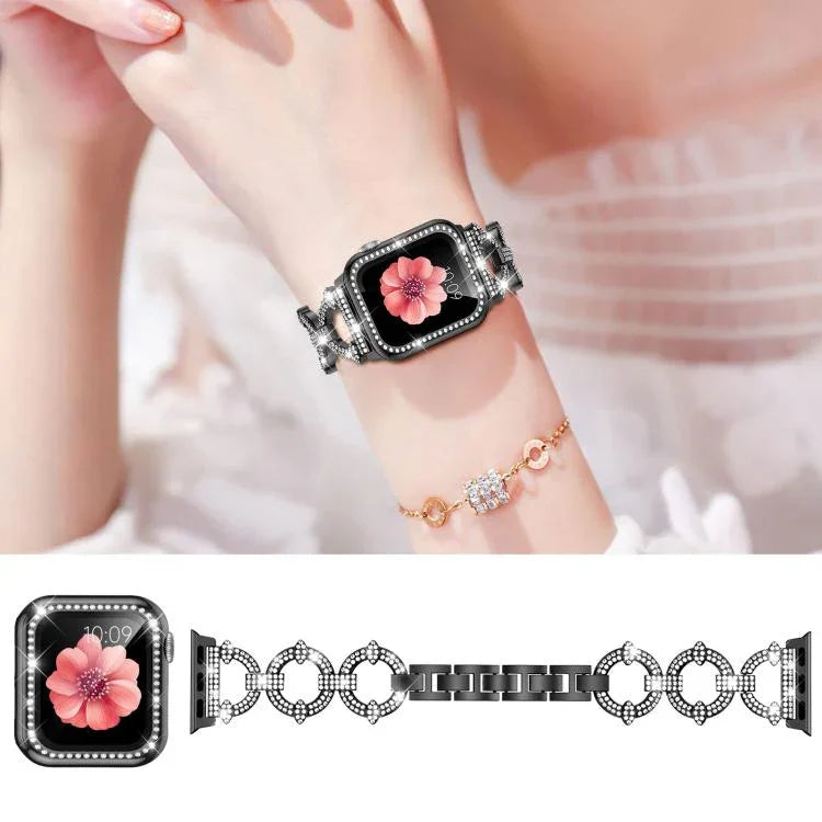 xDfind O字型ダイヤモンドメタルウォッチバンド 強化フィルム一体型PCカバー付き、Apple Watch Series 10 46mm用、Apple Watch Series 10 42mm用、Apple Watch Series 44mm用、Apple Watch Series 40mm用、Apple Watch Ultra 2 / 1 49mm用