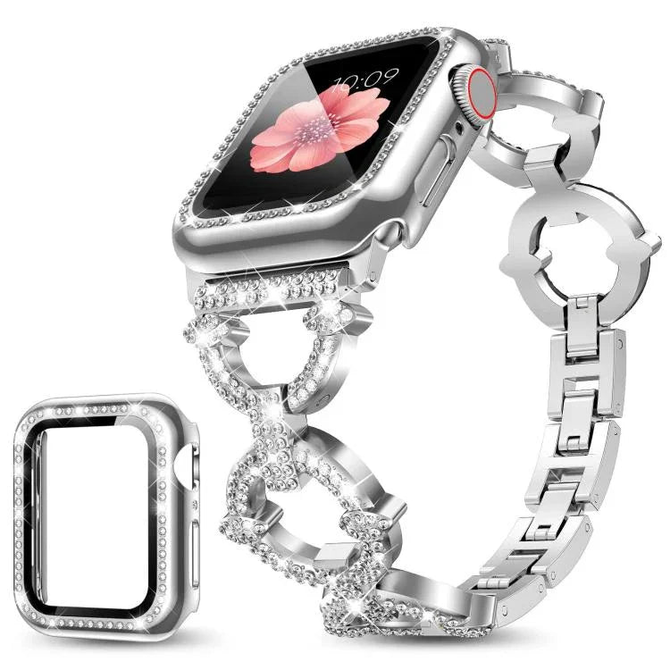 xDfind O字型ダイヤモンドメタルウォッチバンド 強化フィルム一体型PCカバー付き、Apple Watch Series 10 46mm用、Apple Watch Series 10 42mm用、Apple Watch Series 44mm用、Apple Watch Series 40mm用、Apple Watch Ultra 2 / 1 49mm用