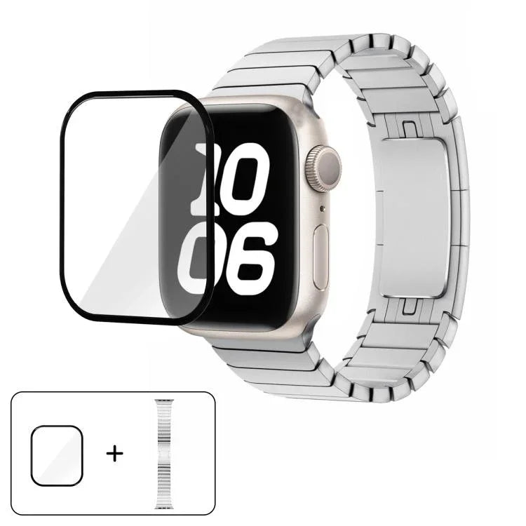 オリジナルバックル 316ステンレススチールウォッチバンド 3Dカーブフィルム付き、Apple Watch Series 10 46mm用、Apple Watch Series 10 42mm用、Apple Watch Series 44mm用、Apple Watch Series 40mm用、Apple Watch Ultra 2 / 1 49mm用、Apple Watch Series 45mm用