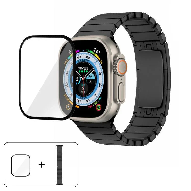 オリジナルバックル 316ステンレススチールウォッチバンド 3Dカーブフィルム付き、Apple Watch Series 10 46mm用、Apple Watch Series 10 42mm用、Apple Watch Series 44mm用、Apple Watch Series 40mm用、Apple Watch Ultra 2 / 1 49mm用、Apple Watch Series 45mm用