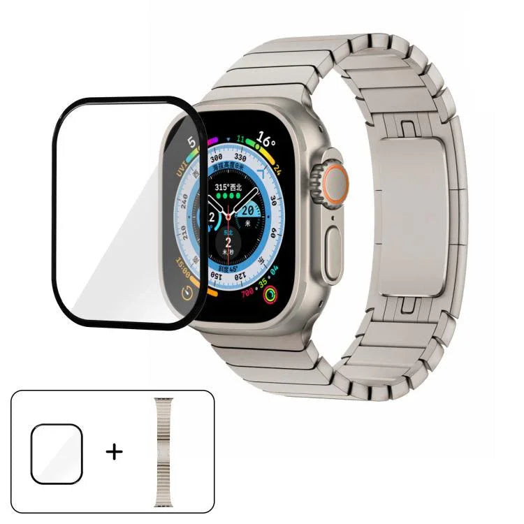 オリジナルバックル 316ステンレススチールウォッチバンド 3Dカーブフィルム付き、Apple Watch Series 10 46mm用、Apple Watch Series 10 42mm用、Apple Watch Series 44mm用、Apple Watch Series 40mm用、Apple Watch Ultra 2 / 1 49mm用、Apple Watch Series 45mm用