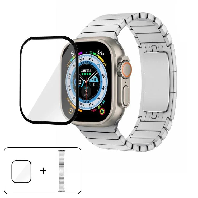 オリジナルバックル 316ステンレススチールウォッチバンド 3Dカーブフィルム付き、Apple Watch Series 10 46mm用、Apple Watch Series 10 42mm用、Apple Watch Series 44mm用、Apple Watch Series 40mm用、Apple Watch Ultra 2 / 1 49mm用、Apple Watch Series 45mm用