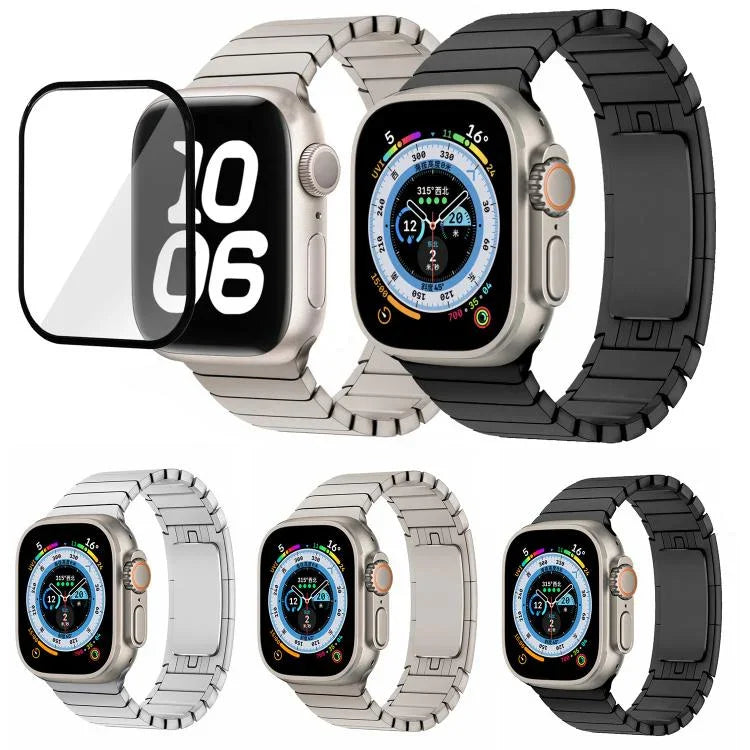 オリジナルバックル 316ステンレススチールウォッチバンド 3Dカーブフィルム付き、Apple Watch Series 10 46mm用、Apple Watch Series 10 42mm用、Apple Watch Series 44mm用、Apple Watch Series 40mm用、Apple Watch Ultra 2 / 1 49mm用、Apple Watch Series 45mm用