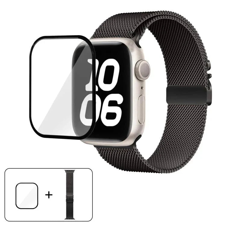 アンブレラバックル ミラネーゼ ステンレススチールウォッチバンド 3Dカーブフィルム付き、Apple Watch Series 10 46mm用、Apple Watch Series 10 42mm用、Apple Watch Series 44mm用、Apple Watch Series 40mm用、Apple Watch Ultra 2 / 1 49mm用