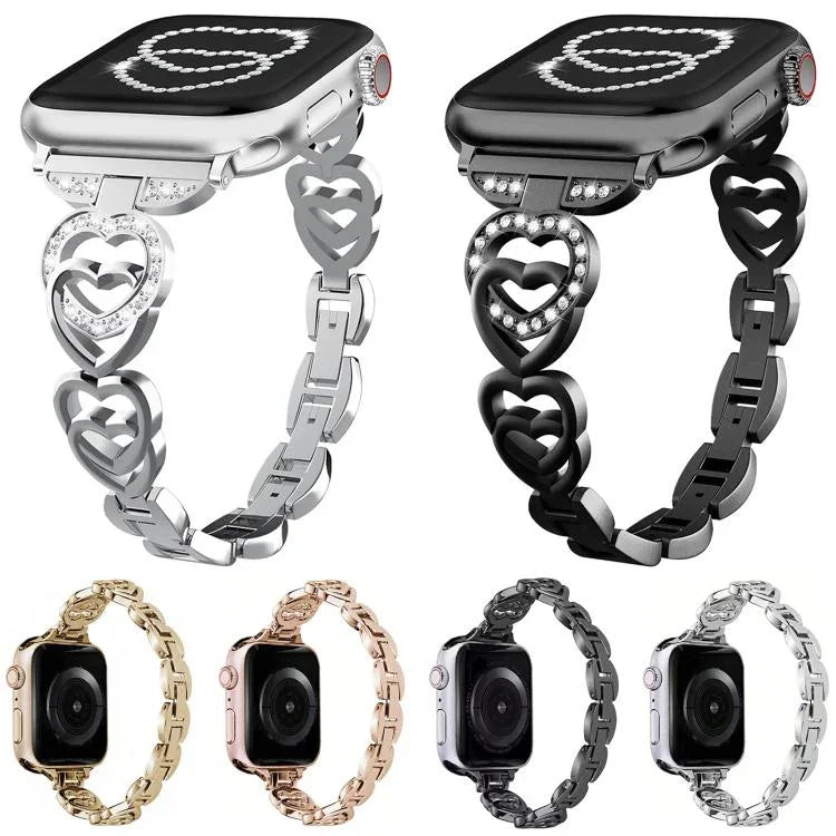 xDfind ダブルハート ダイヤモンドメタルウォッチバンド、Apple Watch 42 / 44 / 45 / 46 / 49mm用、Apple Watch 38 / 40 / 41 / S10 42mm用