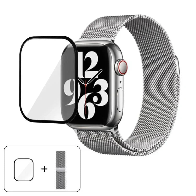 3Dカーブフィルム付きミラネーゼステンレススチール時計バンド、Apple Watch Series 40mm用、Apple Watch Ultra 2 / 1 49mm用、Apple Watch Series 45mm用