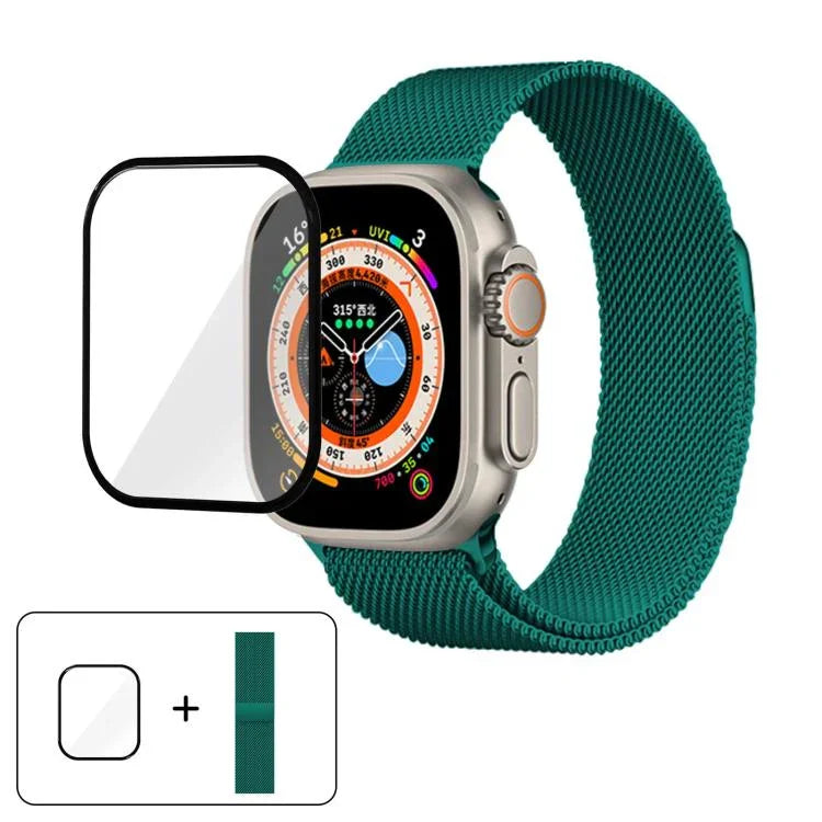 3Dカーブフィルム付きミラネーゼステンレススチール時計バンド、Apple Watch Series 40mm用、Apple Watch Ultra 2 / 1 49mm用、Apple Watch Series 45mm用