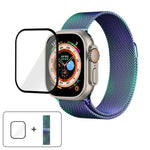 3Dカーブフィルム付きミラネーゼステンレススチール時計バンド、Apple Watch Series 40mm用、Apple Watch Ultra 2 / 1 49mm用、Apple Watch Series 45mm用