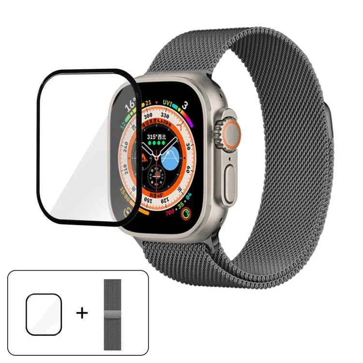 3Dカーブフィルム付きミラネーゼステンレススチール時計バンド、Apple Watch Series 40mm用、Apple Watch Ultra 2 / 1 49mm用、Apple Watch Series 45mm用