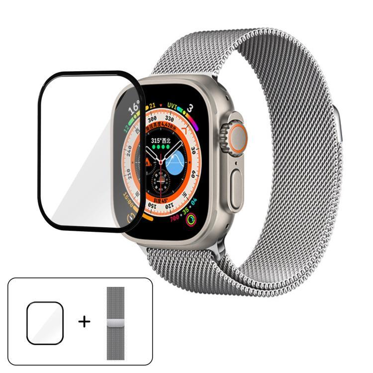 3Dカーブフィルム付きミラネーゼステンレススチール時計バンド、Apple Watch Series 40mm用、Apple Watch Ultra 2 / 1 49mm用、Apple Watch Series 45mm用
