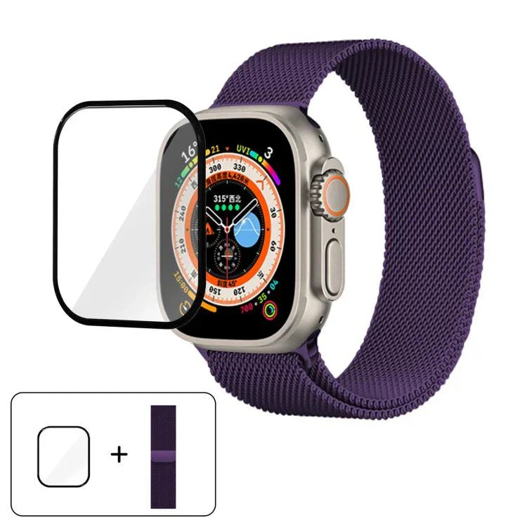 3Dカーブフィルム付きミラネーゼステンレススチール時計バンド、Apple Watch Series 40mm用、Apple Watch Ultra 2 / 1 49mm用、Apple Watch Series 45mm用