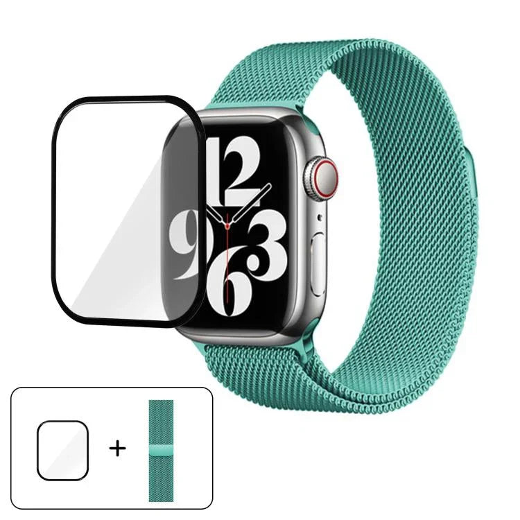 3Dカーブフィルム付きミラネーゼステンレススチール時計バンド、Apple Watch Series 41mm用、Apple Watch Series 38mm用、Apple Watch Series 42mm用