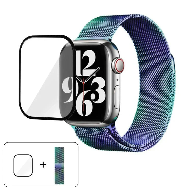 3Dカーブフィルム付きミラネーゼステンレススチール時計バンド、Apple Watch Series 41mm用、Apple Watch Series 38mm用、Apple Watch Series 42mm用