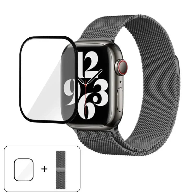 3Dカーブフィルム付きミラネーゼステンレススチール時計バンド、Apple Watch Series 41mm用、Apple Watch Series 38mm用、Apple Watch Series 42mm用